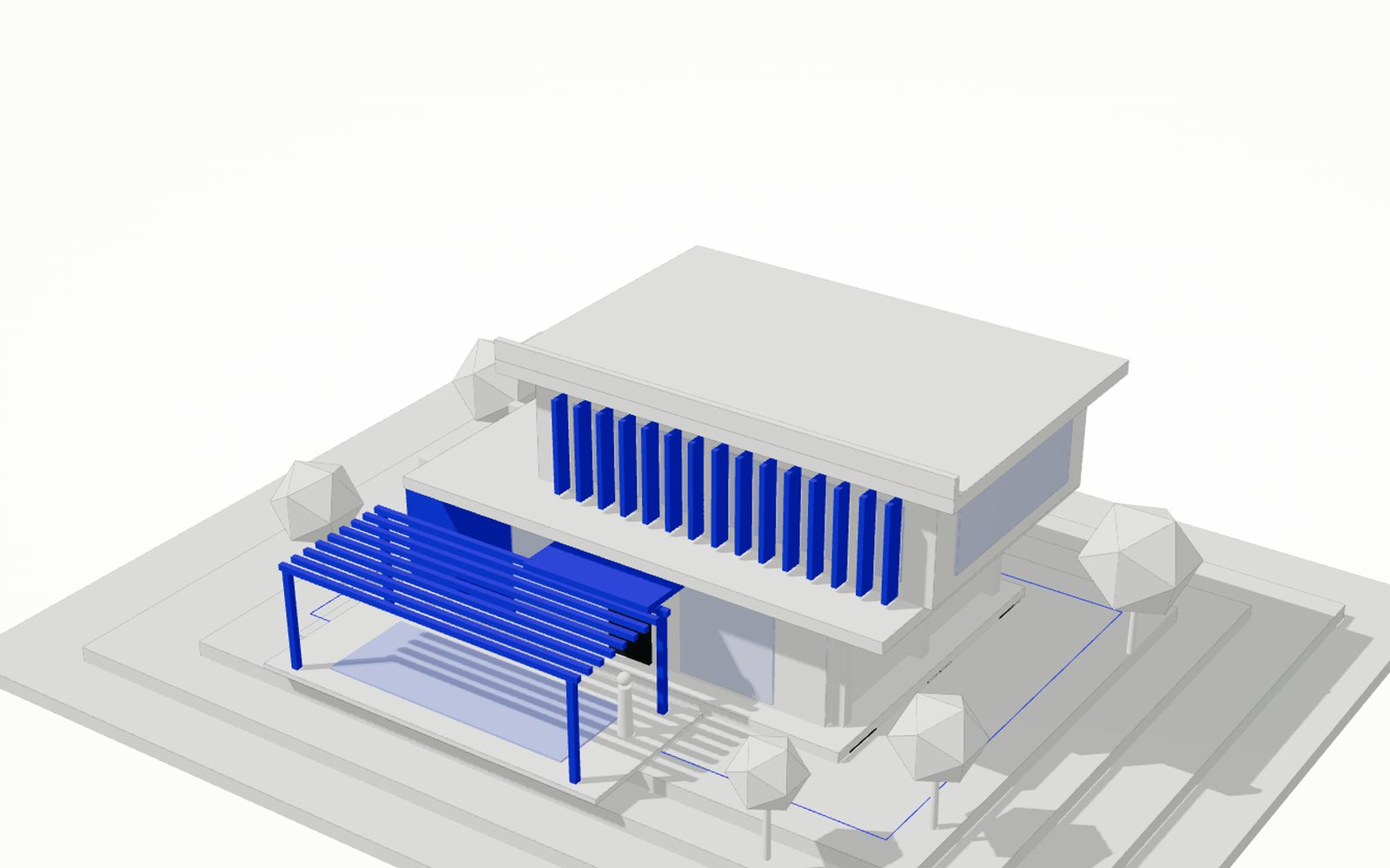 White architectural study model of a two-storey house with a pool, built on terraced contour layers